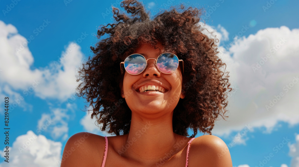 A woman with sunglasses and bikini top smiling A woman with sunglasses and bikini top smiling