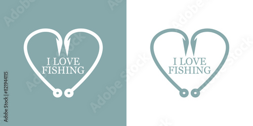 Logo de pesca. Texto I love fishing con anzuelos de pesca con forma de corazón