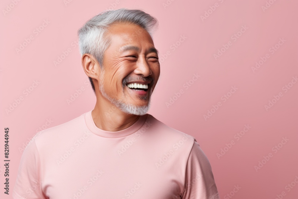 Obraz premium Portrait of a glad asian man in his 70s laughing isolated in solid pastel color wall