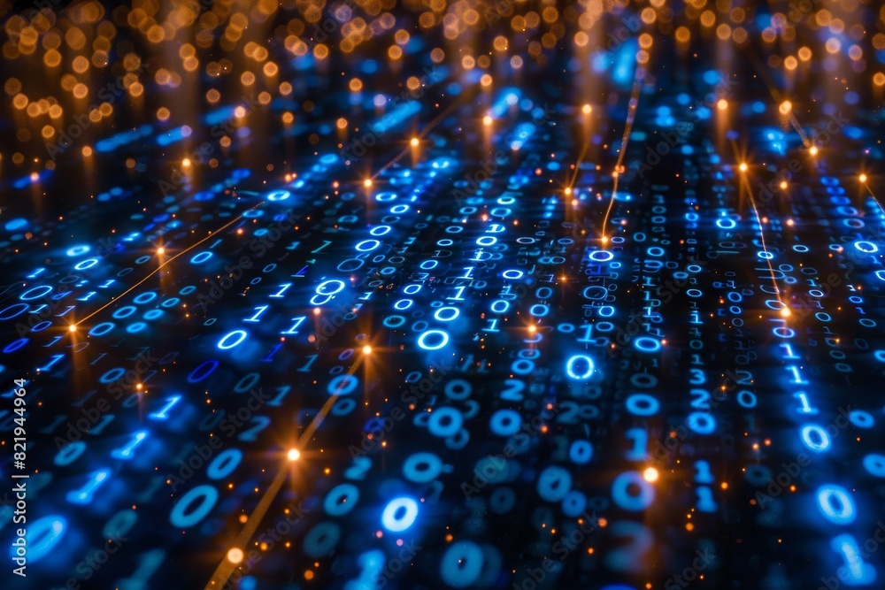 Blue cyber grid with streaming binary code Blue cyber grid with streaming binary code