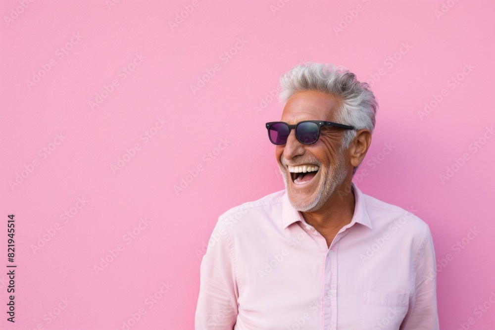 Portrait of a cheerful man in his 70s laughing over solid pastel color wall