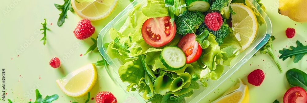 Top view of nutritious meal in lunch box on pastel colored background, isolated for healthful eating
