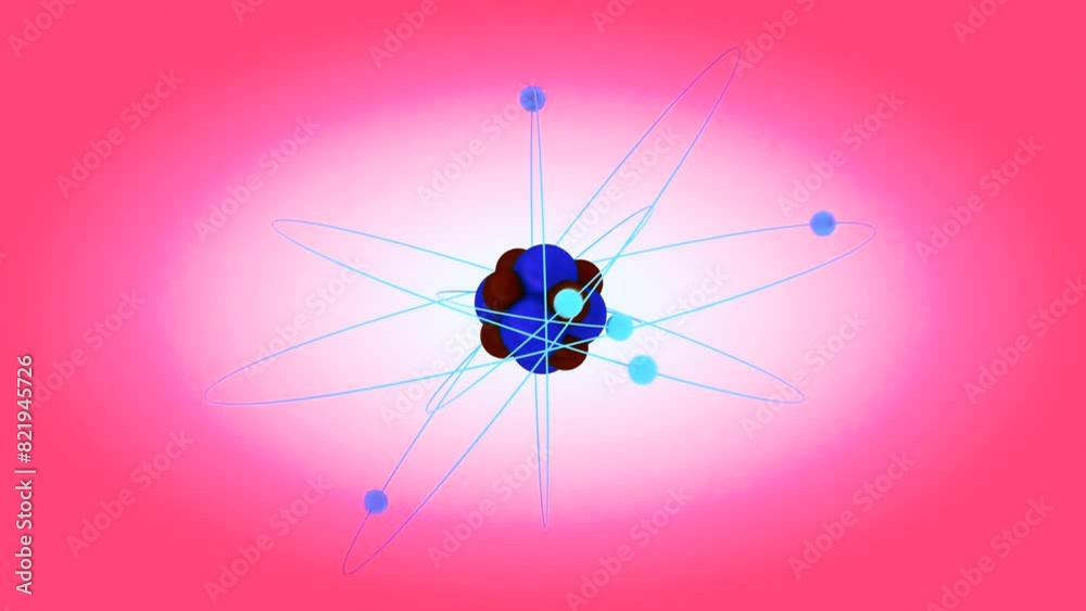 Atom with nucleus, neutrons, protons and electrons orbits glowing ...