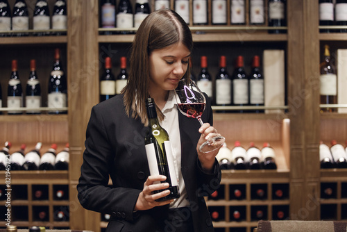 Young female sommelier tasting red wine at the wine cellar with wooden bottled shelves in background