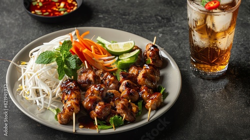 A plate of Vietnamese bun thit nuong with a glass of iced tea photo