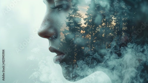 young woman face portrait Contrasting picture with sea and nature. Of clouds, trees. Psychology of the mind, stress therapy, human spirit, mental health, concept of life. photo