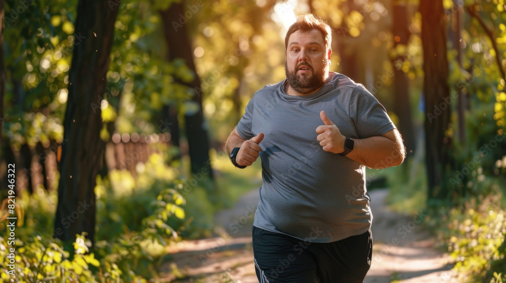 Overweight man in motion, running down a path surrounded by trees in a forest setting Overweight man in motion, running down a path surrounded by trees in a forest setting