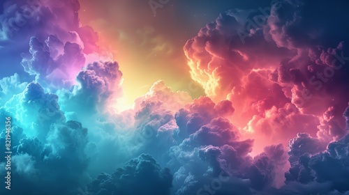 Abstract, vibrant clouds with a mix of rainbow hues