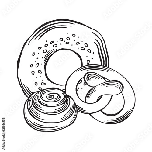 Bagel, pretzel and Cinnamon roll bun. Bakery goods from wheat. Vector illustration linear, isolated. Sketch of traditional bread food products. Template for wrapping, cookbook, menu, showcase, website
