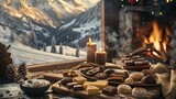 A rustic alpine chalet setting with a platter of assorted Swiss chocolates, with a roaring fireplace and snowcapped mountains outside the window