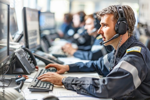 Police officers in modern 911 call center responding to emergencies, space for text