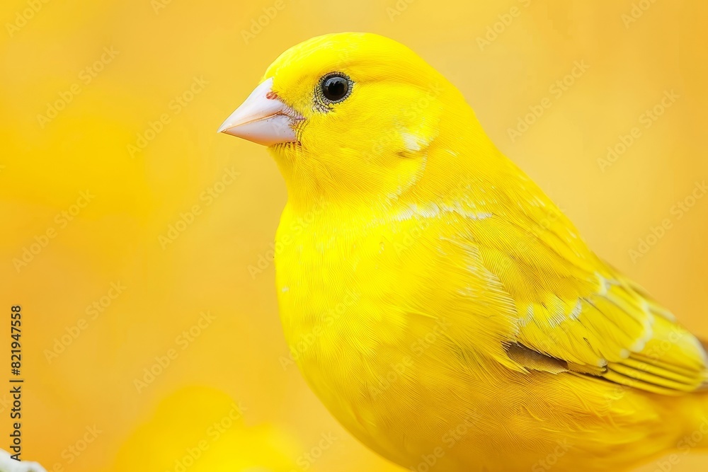 Yellow serinus canary bird perched in captivity with avian features on blurred background