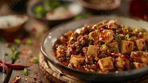 A plate of Mapo Tofu, a classic Sichuan dish made with tofu, ground pork, and a spicy sauce.