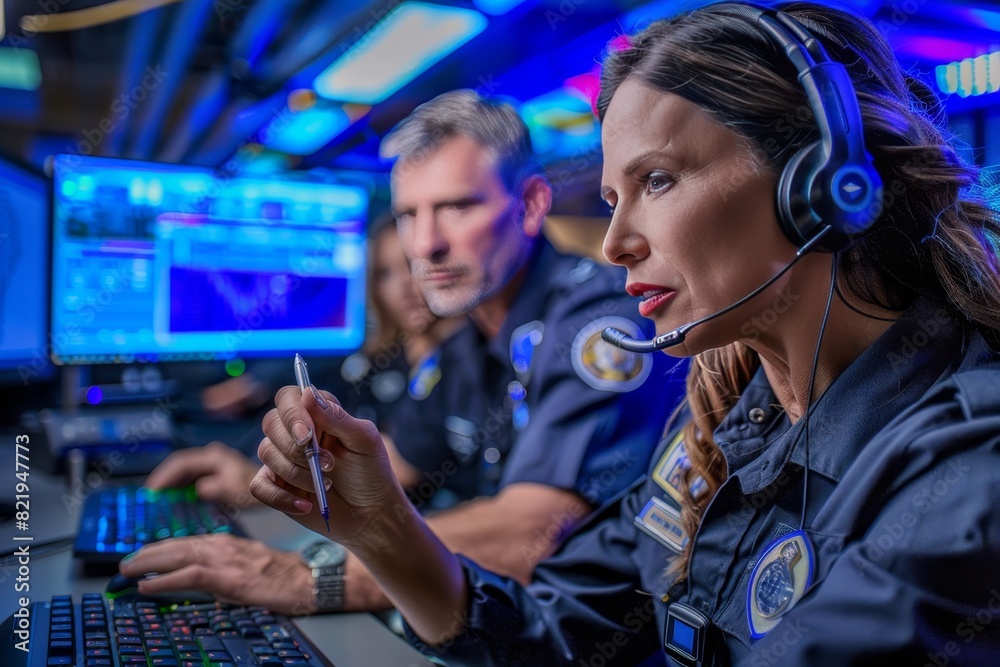 Police officers in modern 911 call center for emergency response with space for text Police officers in modern 911 call center for emergency response with space for text