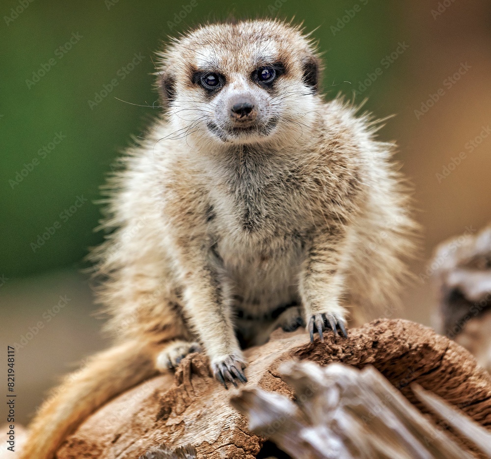Fototapeta premium Adorable meerkat pup looking directly ahead with an inquisitive, curious expression