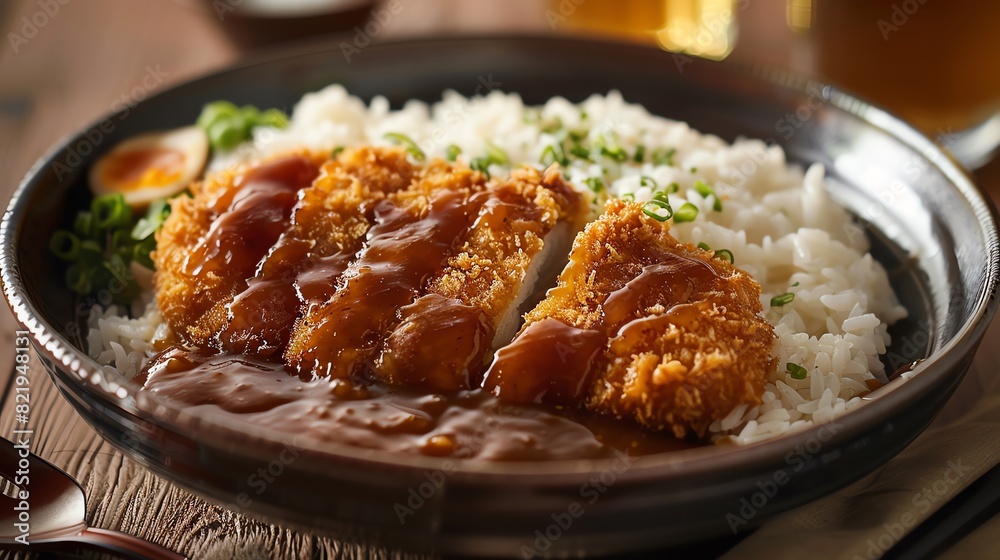 A serving of Japanese katsu curry with a glass of barley tea A serving of Japanese katsu curry with a glass of barley tea