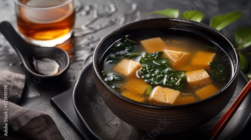 A serving of Japanese miso soup with a glass of sake