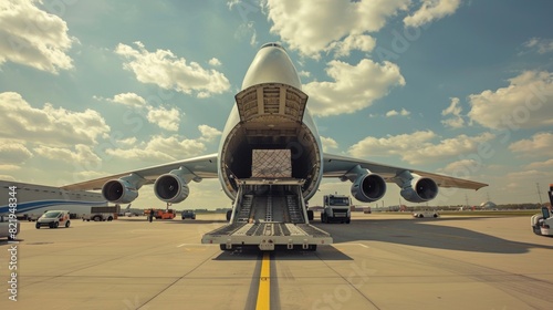 A large cargo plane being loaded with freight containers at an airport, demonstrating the critical role of air transport in international logistics for fast and reliable shipping photo