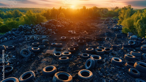 Aerial view of a large used car tire landfill with surrounding green trees. Tire disposal shows the impact of human waste on the environment. photo