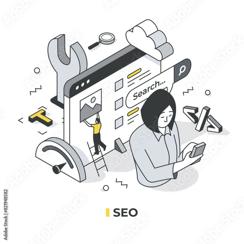 Isometric SEO illustration. Woman with mobile phone, browser behind her, and tiny man on ladder placing image in search results, emphasizing search engine optimization and online content management