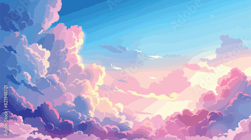 Sky with anime fluffy curve shaped clouds. Cartoon vector