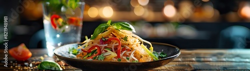 A serving of Thai papaya salad with a glass of coconut water photo