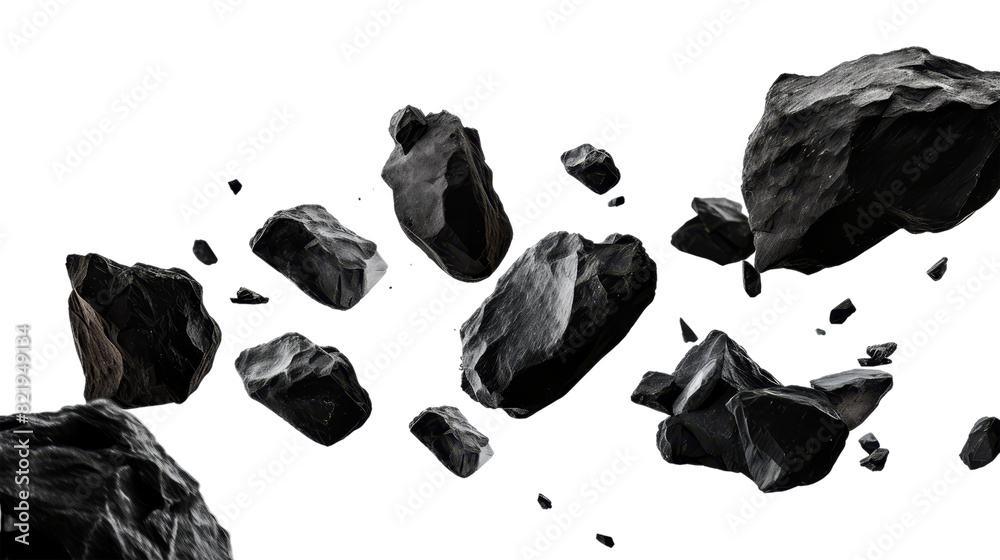 Naklejka premium Falling Black Rocks Isolated on Transparent Background, PNG, Cut Out.