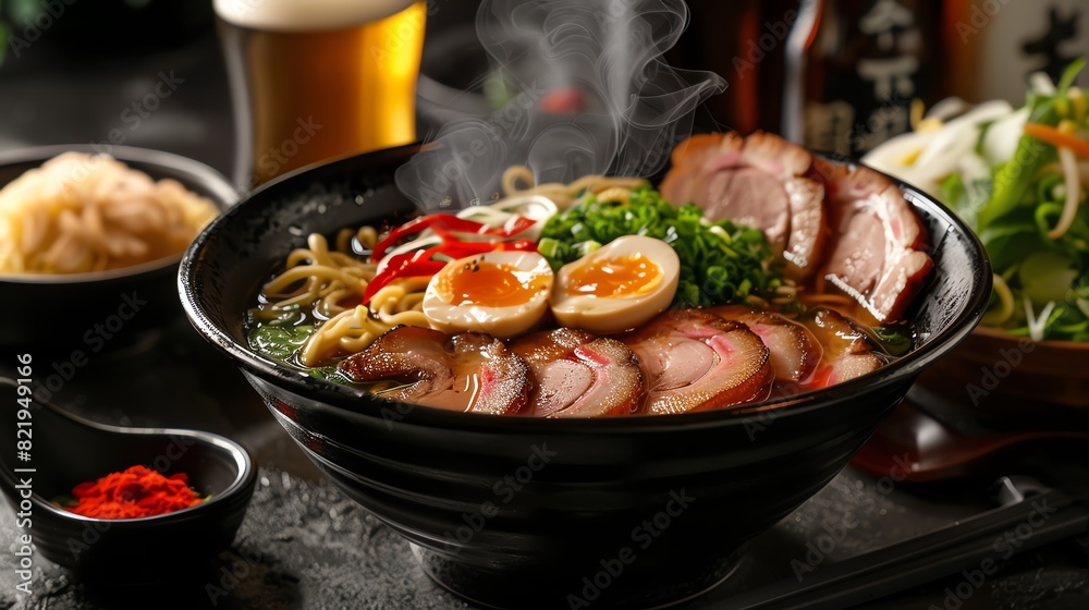 Fototapeta premium A steaming bowl of ramen with pork, eggs, and vegetables