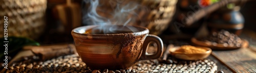 A steaming cup of coffee sits on a table scattered with coffee beans. The rich aroma of the coffee fills the air. photo