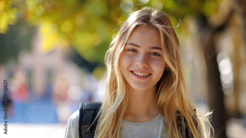 Fototapeta premium Portrait of a happy blonde teenager with a backpack walking in the park. Young female student enjoying time outdoors. Active lifestyle.