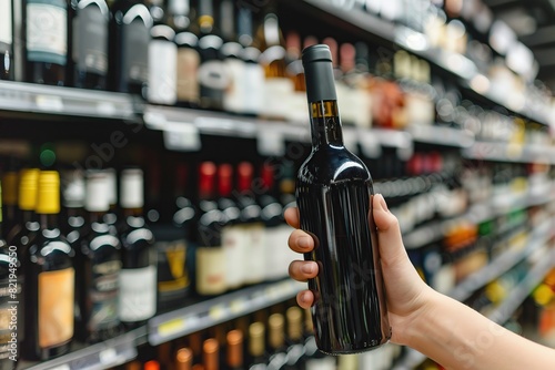 Close up hand holding bottle of red wine choosing from shelf in a supermarket. Concept of alcohol, drink, party, degustation, holiday. Copy space for ad. Man customer chooses the wine in liquor store