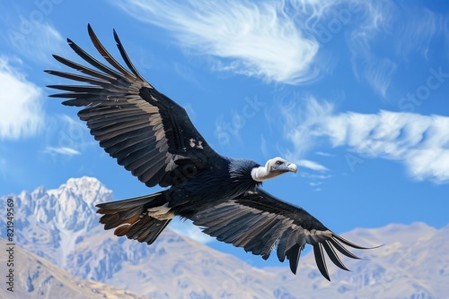 A majestic bird soaring in the sky with mountains in the background. Ideal for nature and wildlife themes