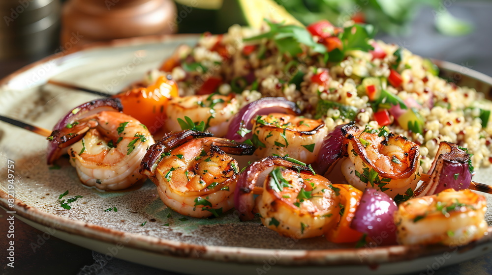 Grilled shrimp skewers with roasted vegetables and a side of quinoa tabbouleh. Grilled shrimp skewers with roasted vegetables and a side of quinoa tabbouleh.