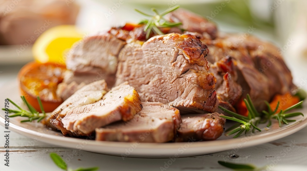 Succulent slices of roast duck elegantly arranged on a plate, set on a stylish white table Succulent slices of roast duck elegantly arranged on a plate, set on a stylish white table