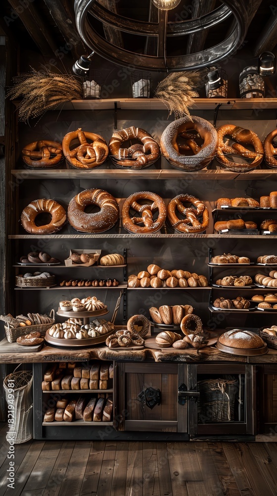 A traditional German bakery with pretzels and various breads displayed on wooden shelves, with a warm and inviting atmosphere