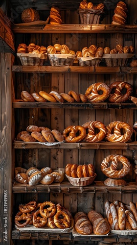 A traditional German bakery with pretzels and various breads displayed on wooden shelves, with a warm and inviting atmosphere