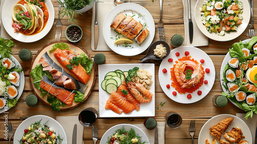 Seafood on the table, seafood with sushi on the table, close-up seafood design, Japanese food on the table.