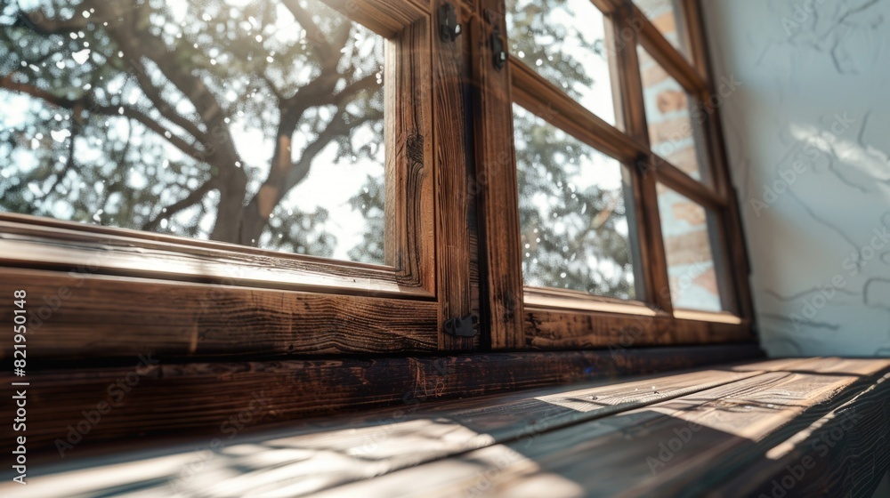 Close up of a window with a tree in the background. Suitable for home decor or nature themes Close up of a window with a tree in the background. Suitable for home decor or nature themes