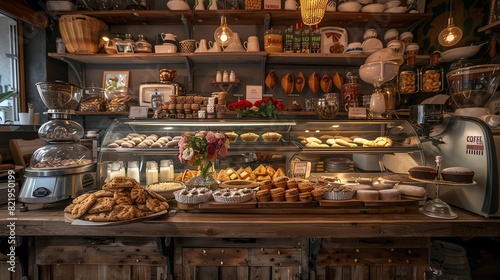 A traditional Italian bakery with a display of fresh biscotti and tiramisu, with a cozy, rustic ambiance and vintage coffee machines