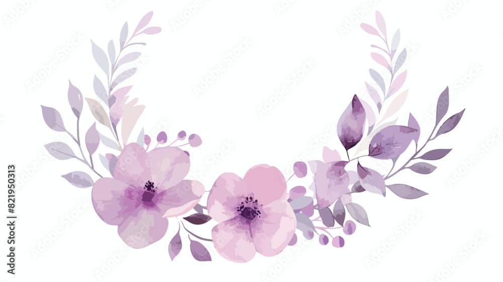 Light purple pink watercolor wreath leaves flowers fl