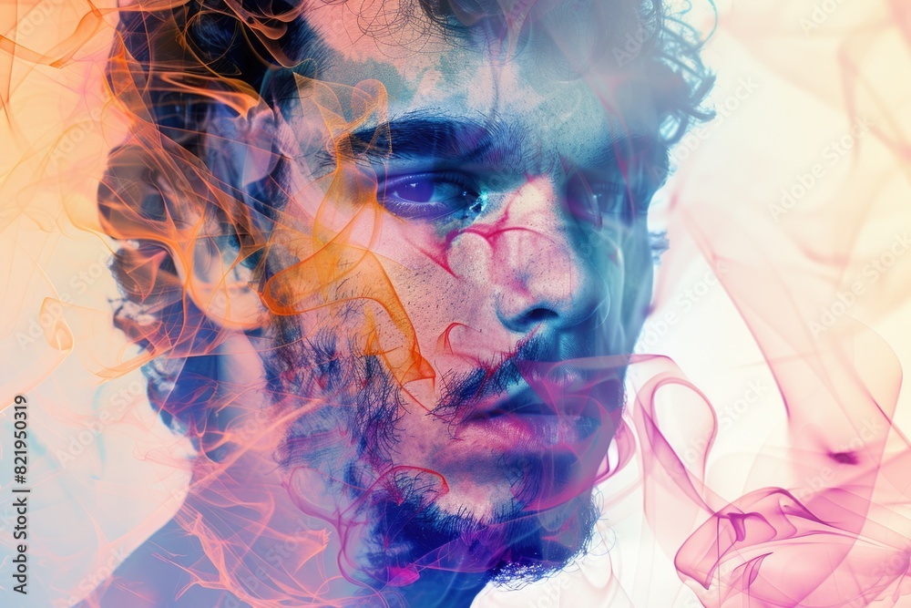 A close up of a person with smoke in the air. Suitable for various creative projects