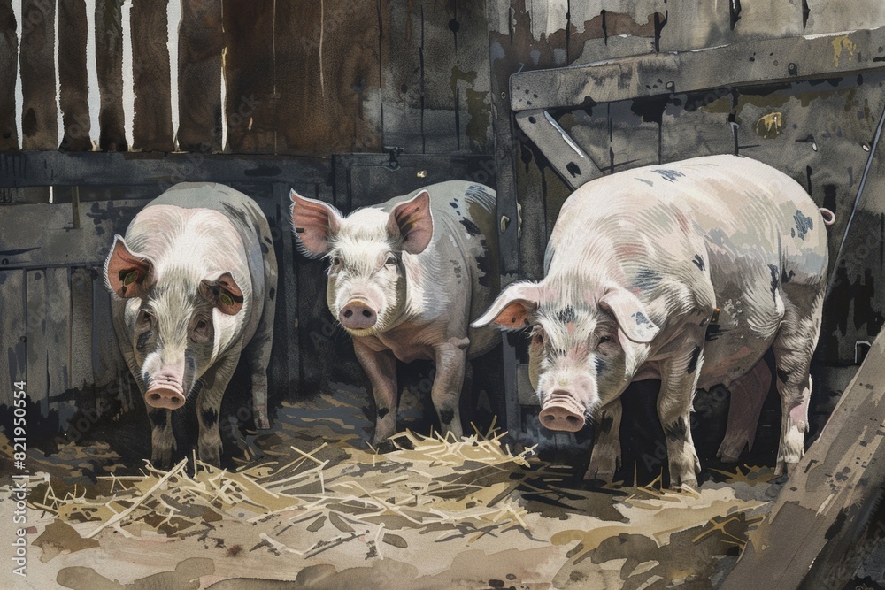 Three pigs standing next to each other. Suitable for various farm-related concepts Three pigs standing next to each other. Suitable for various farm-related concepts