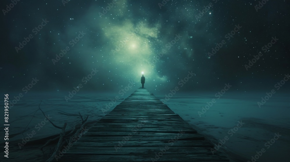Fototapeta premium A lone figure stands at the end of a wooden pier under a brightly lit starry sky, evoking a sense of mystery and exploration.
