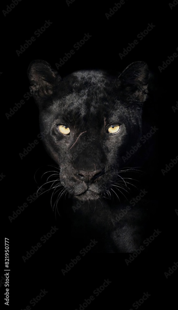 Obraz premium Vertical closeup shot of a black leopard is captured in a dark environment