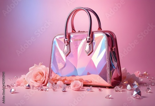Holograficzna ekskluzywna różowa torebka ze skóry naturalnej. Luksusowy dodatek z kwiatami dookoła torebki