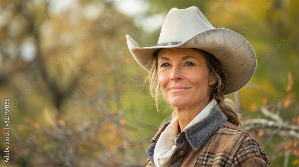 Portrait of an adult woman in a cowboy hat. Horse breeder