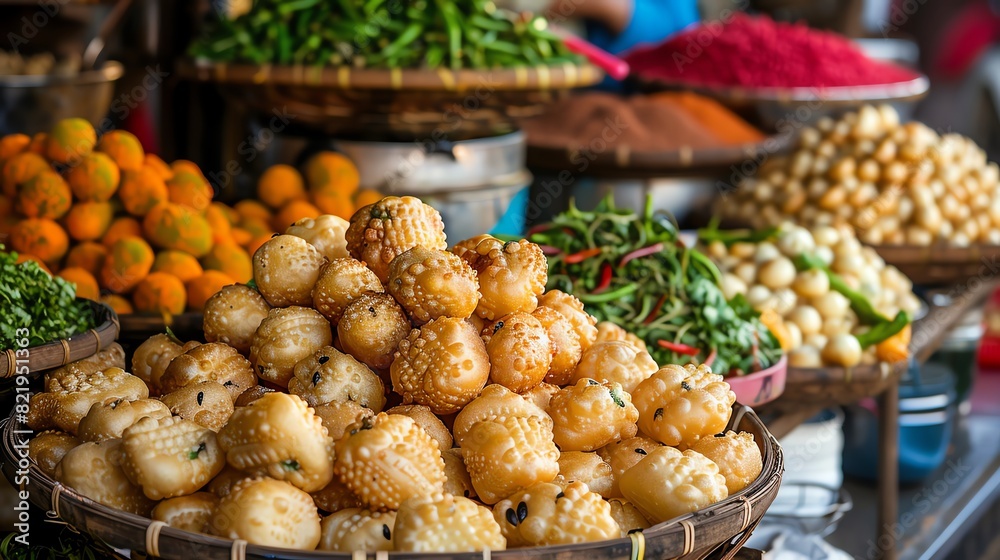 A vibrant Indian market stall selling pani puri, with colorful spices and fresh herbs displayed in the background, creating a lively atmosphere