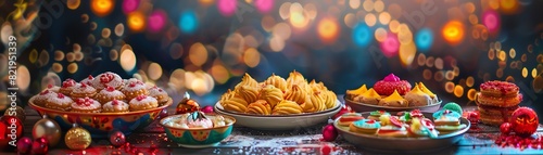 A vibrant Indian bakery with colorful sweets like jalebi and gulab jamun, set against a backdrop of festive decorations photo