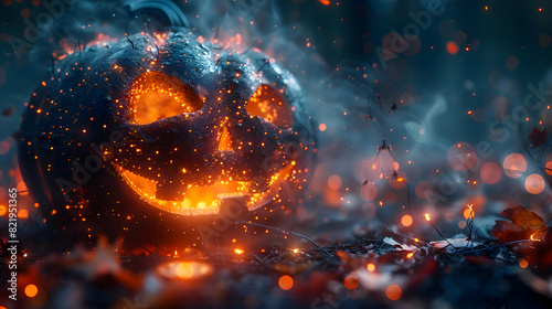 A close-up of eerie Halloween lights illuminating a spooky jack-o'-lantern