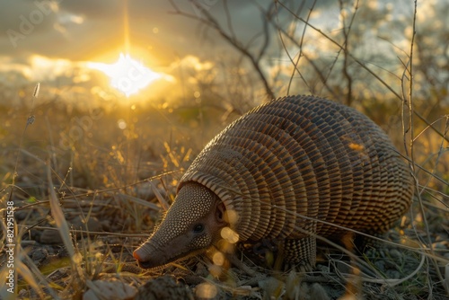 A detailed shot of a small armadillo in a natural field setting. Suitable for wildlife and nature concepts